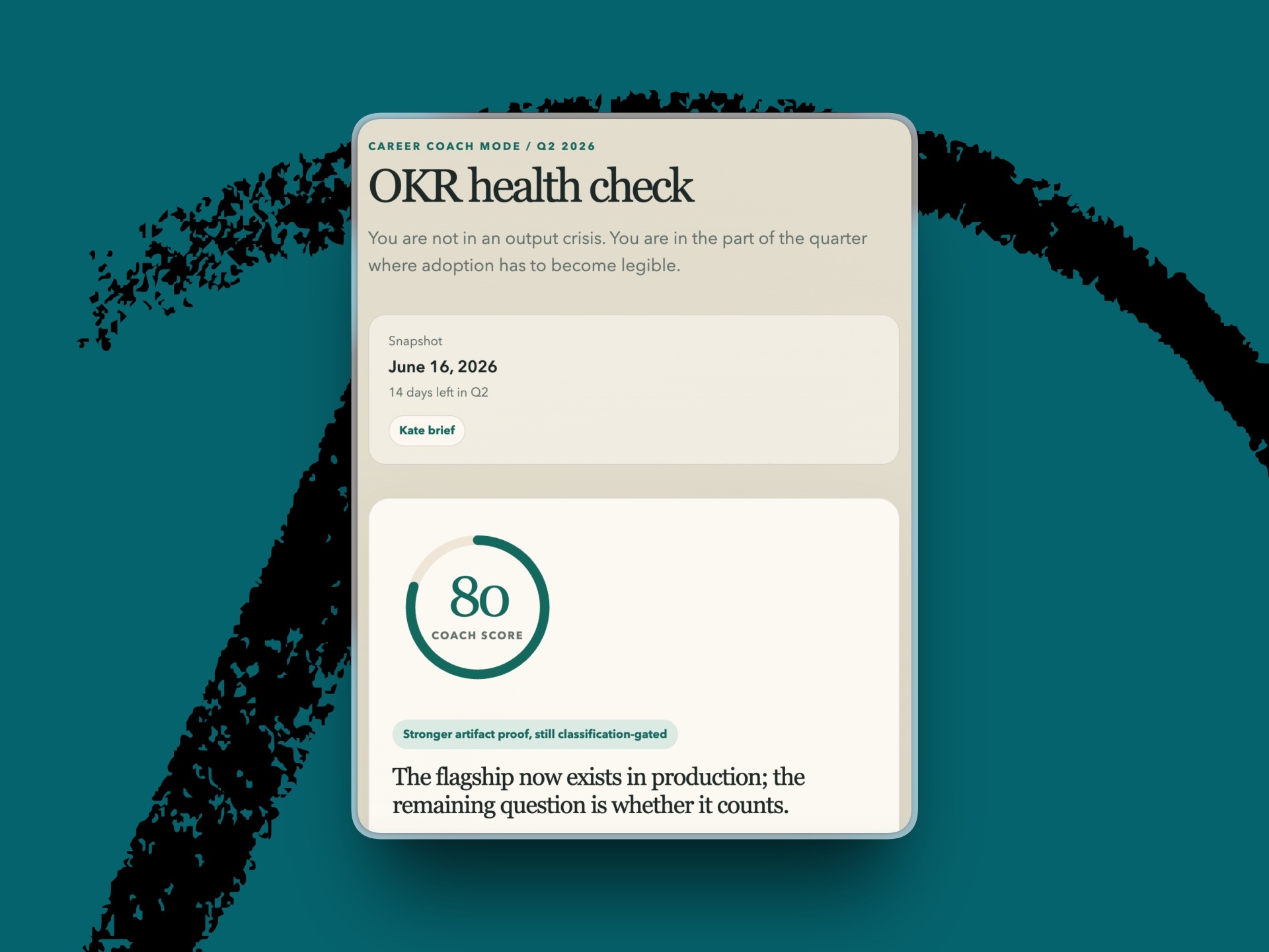 The OKR Health dashboard showing objective progress, confirmed receipts, proof gaps, and next actions.