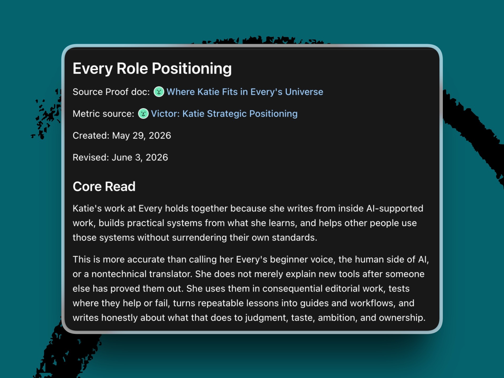 The start of the role positioning document Codex prepared for me based on Every’s brand positioning and its visibility into my work.