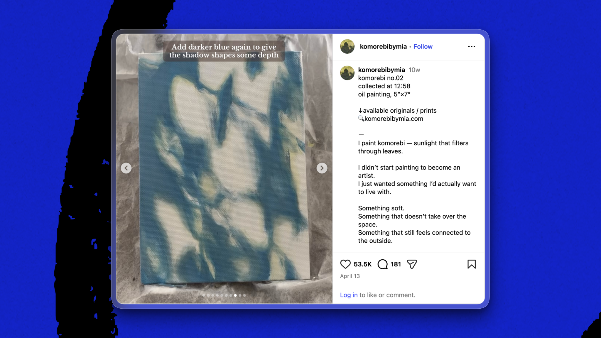 A painter gives her followers a tutorial on how to paint komorebi, the Japanese word for sunlight filtering through leaves. (Screenshot courtesy of komorebibymia.)