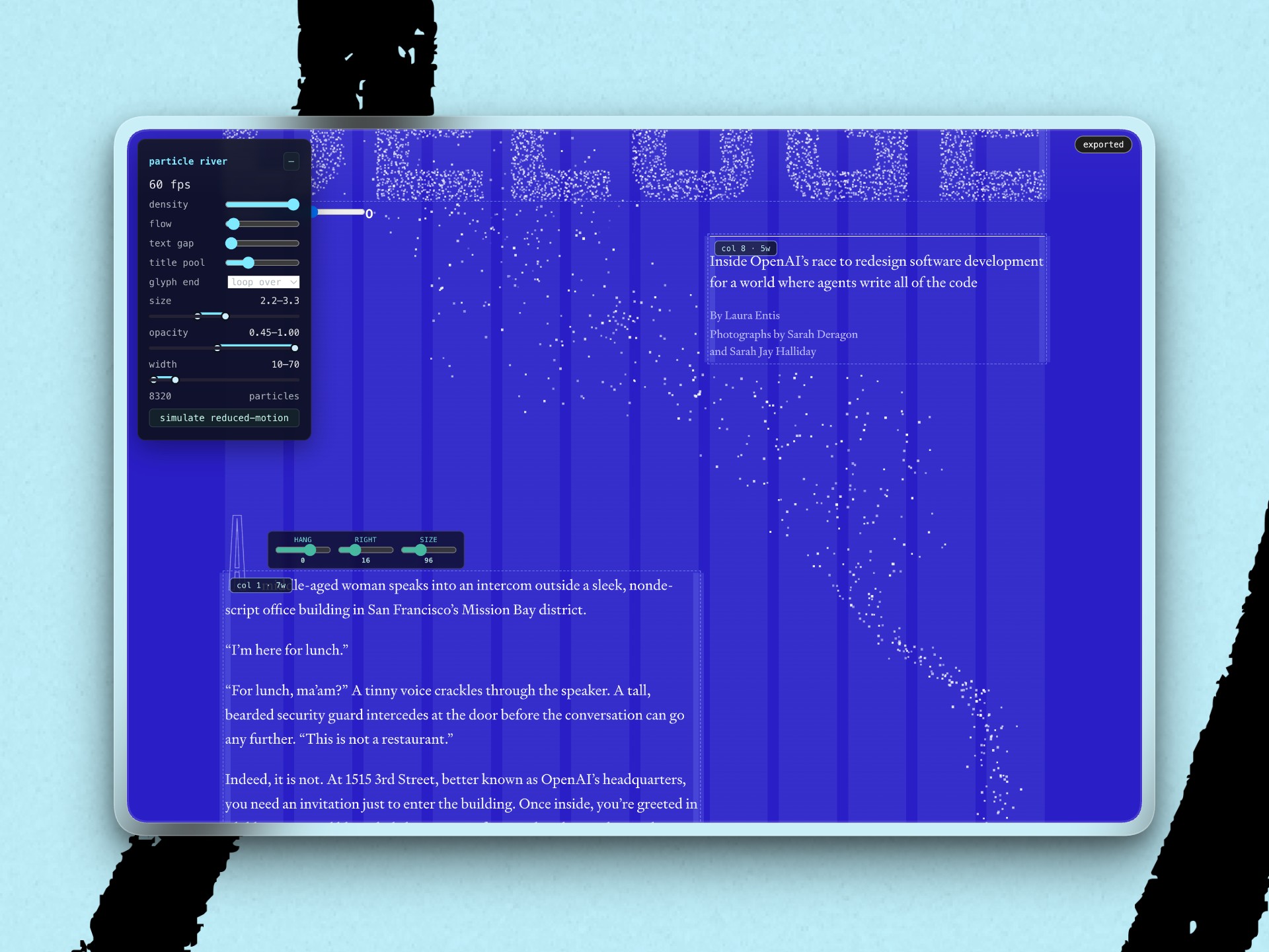 Control panels to adjust text elements, particle flow, and drop-cap positioning. (Screenshot courtesy of Jack Cheng.)