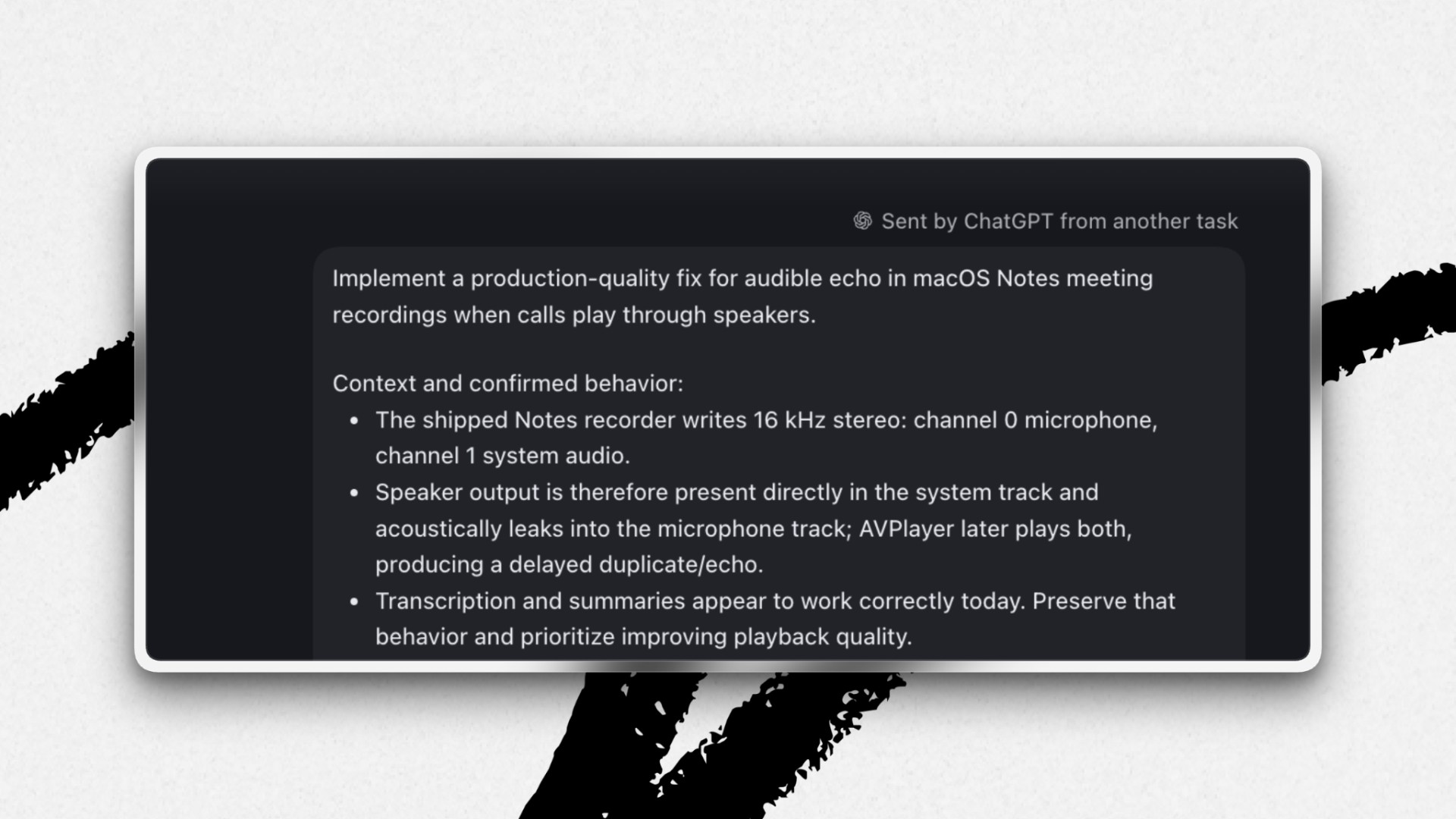 When a task is initiated by another project, Codex marks the text as “Sent by Codex from another chat.” (Screenshot courtesy of Naveen.)