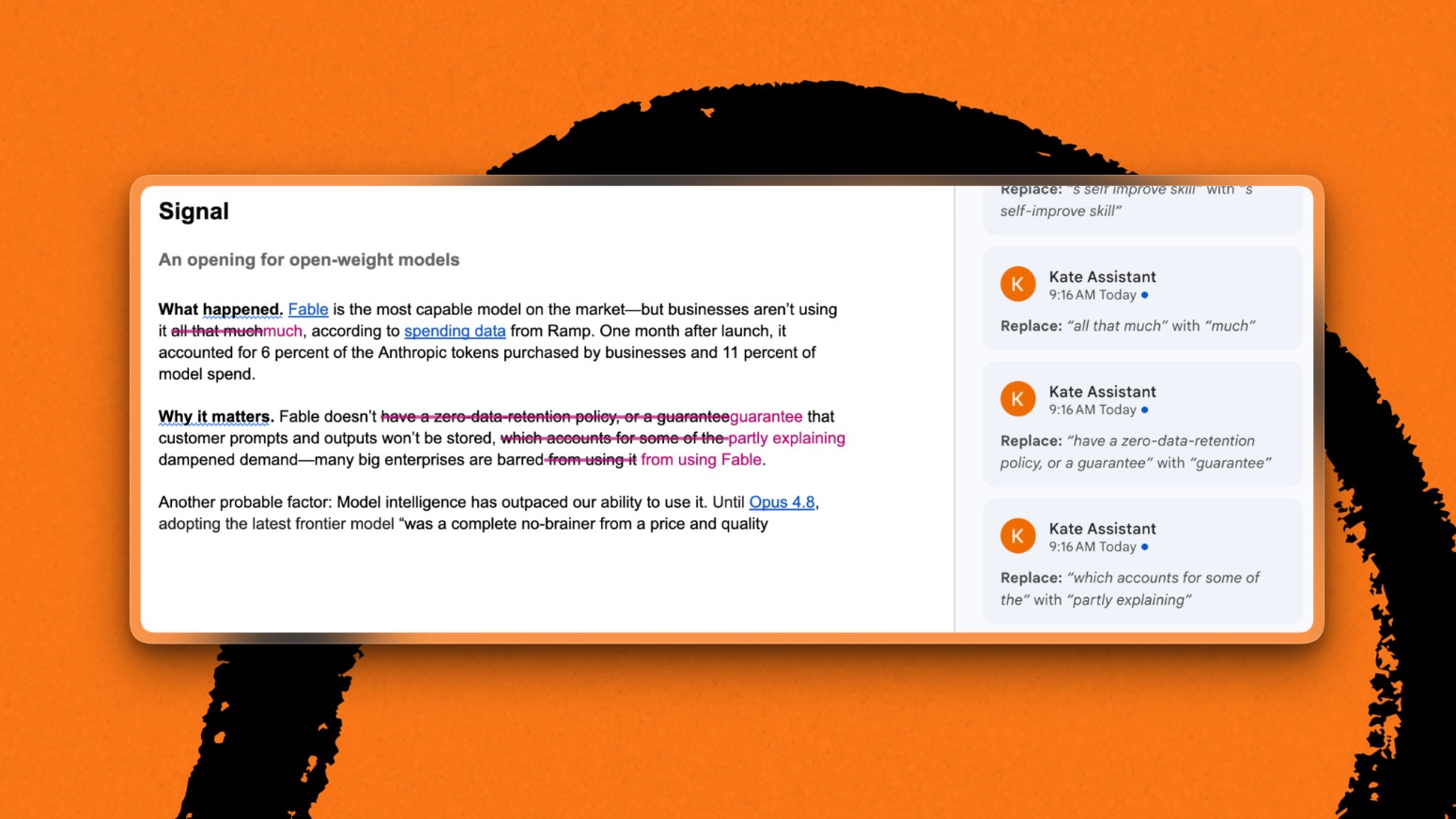 The Kate copyediting agent makes suggested changes directly within the Google Doc. (All screenshots courtesy of the author.)