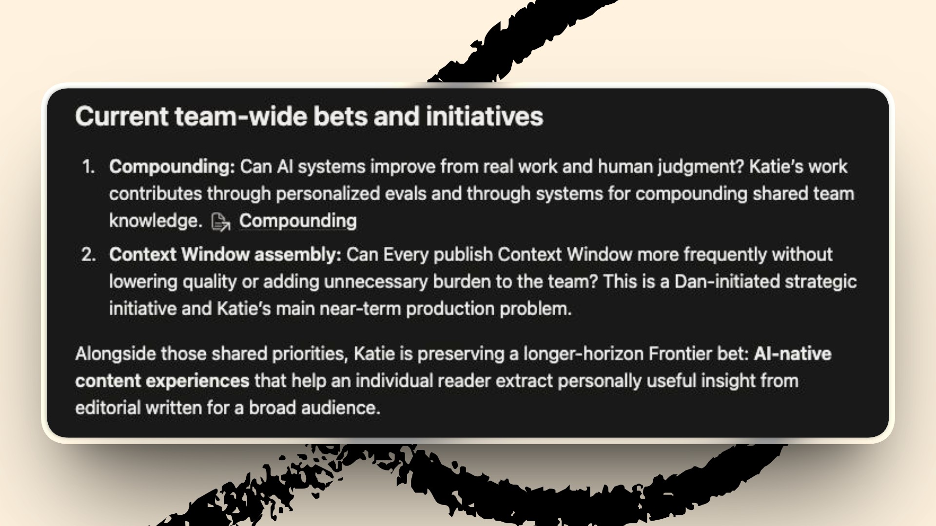 My Notion dashboard connects the work in front of me with the possibilities I want to pursue. Is This Anything? draws on this context to help me find where an experiment might lead. (Katie Parrott/Every screenshot).