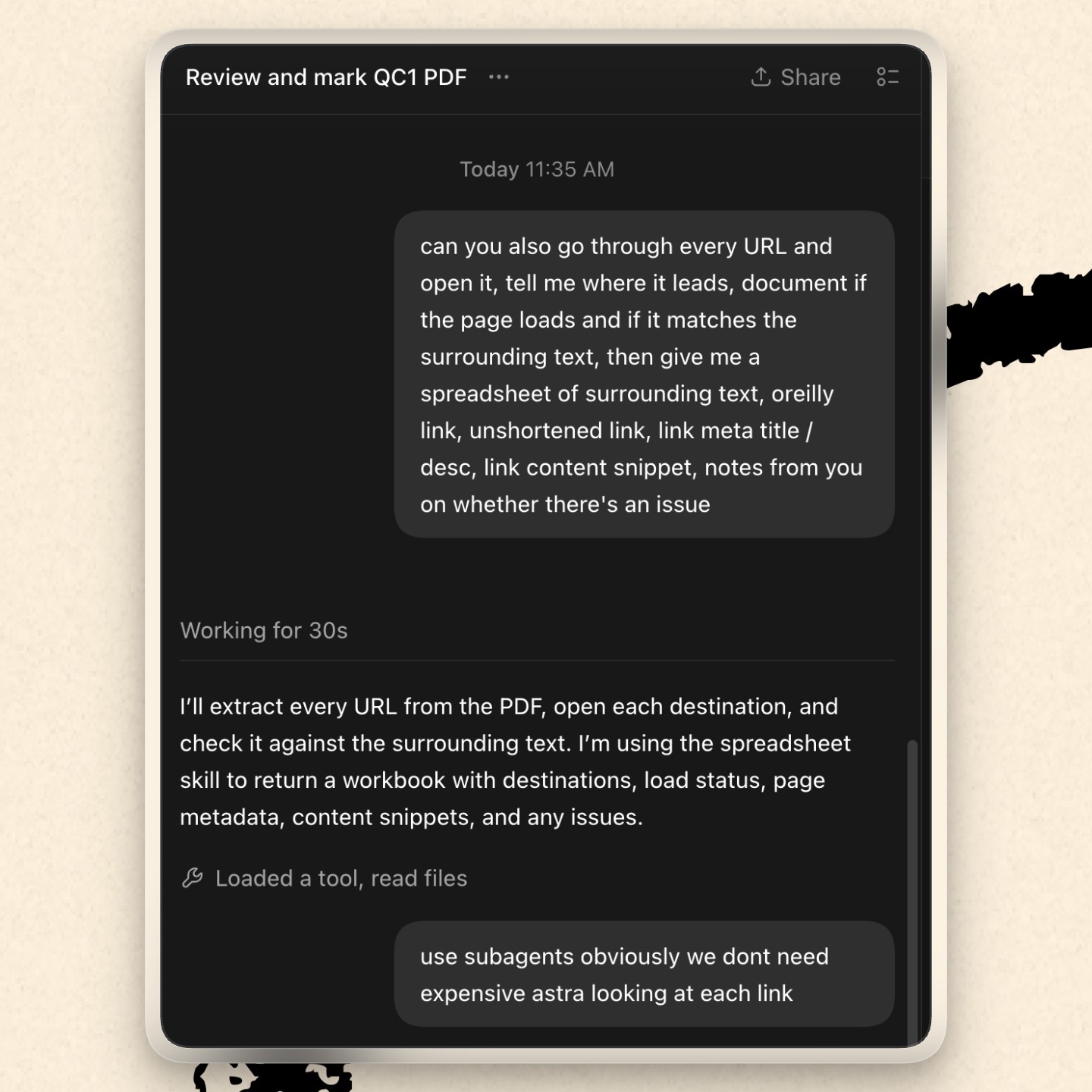 Computer use lets Mike hand off rote, manual tasks like verifying URLs. (Image courtesy of Mike Taylor.)