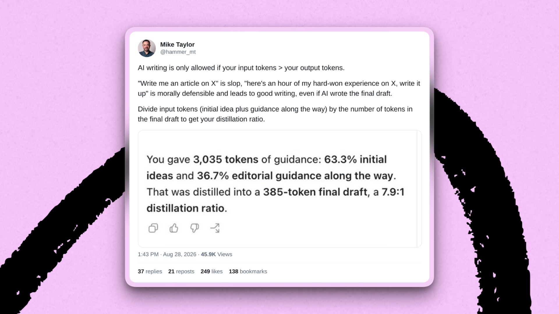 Mike’s distillation ratio, posted in August. (Screenshot courtesy of Mike Taylor.)