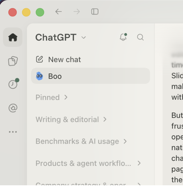 我的 Dot，Boo，就在重新设计的 ChatGPT 侧边栏里。