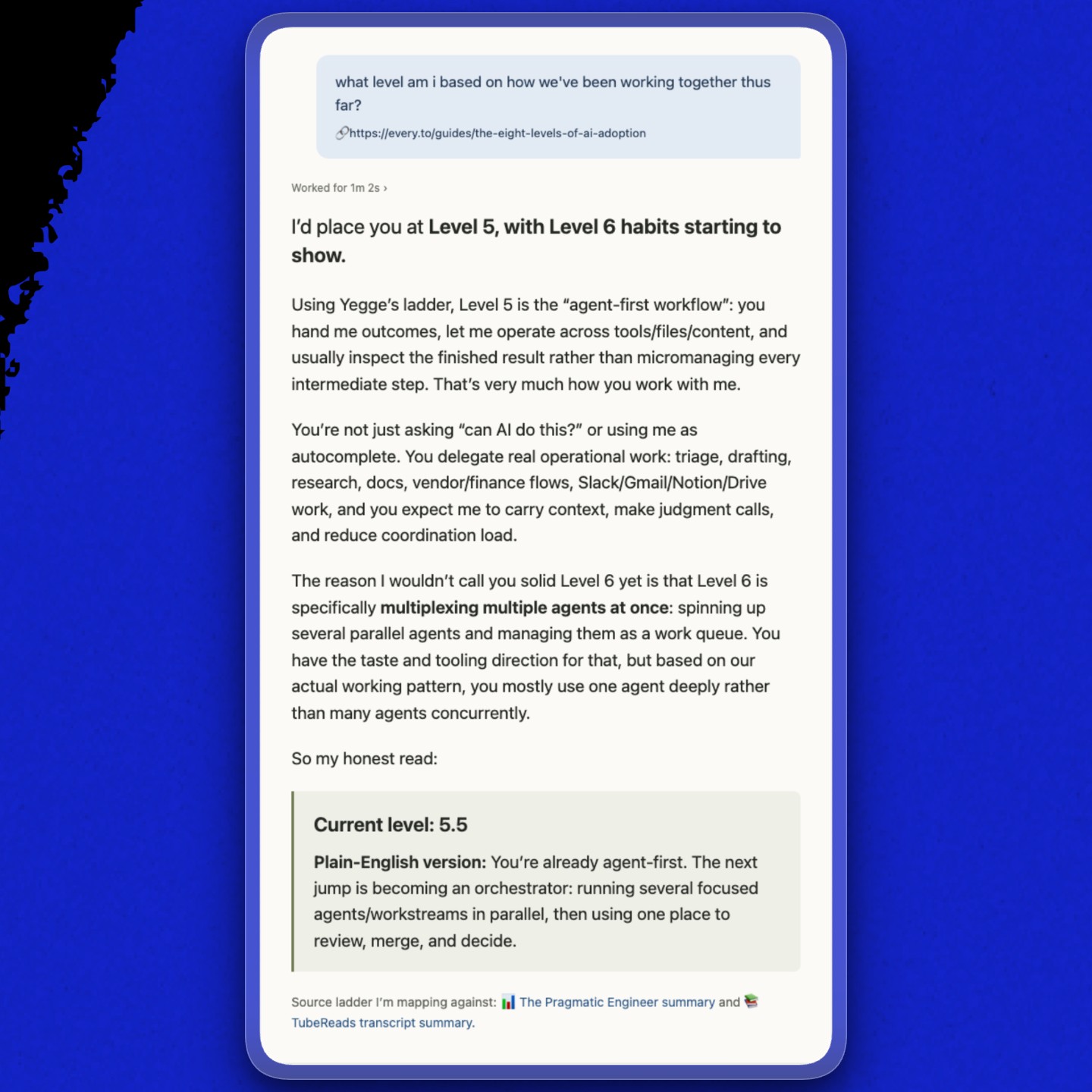 Codex places me at level 5.5 and identifies orchestration as my next step. (Recreated from a Codex conversation.)