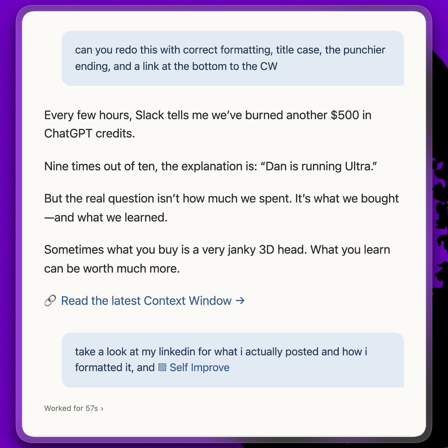 I ask Codex to learn from my edits to a LinkedIn post. (Recreated from a Codex conversation.)