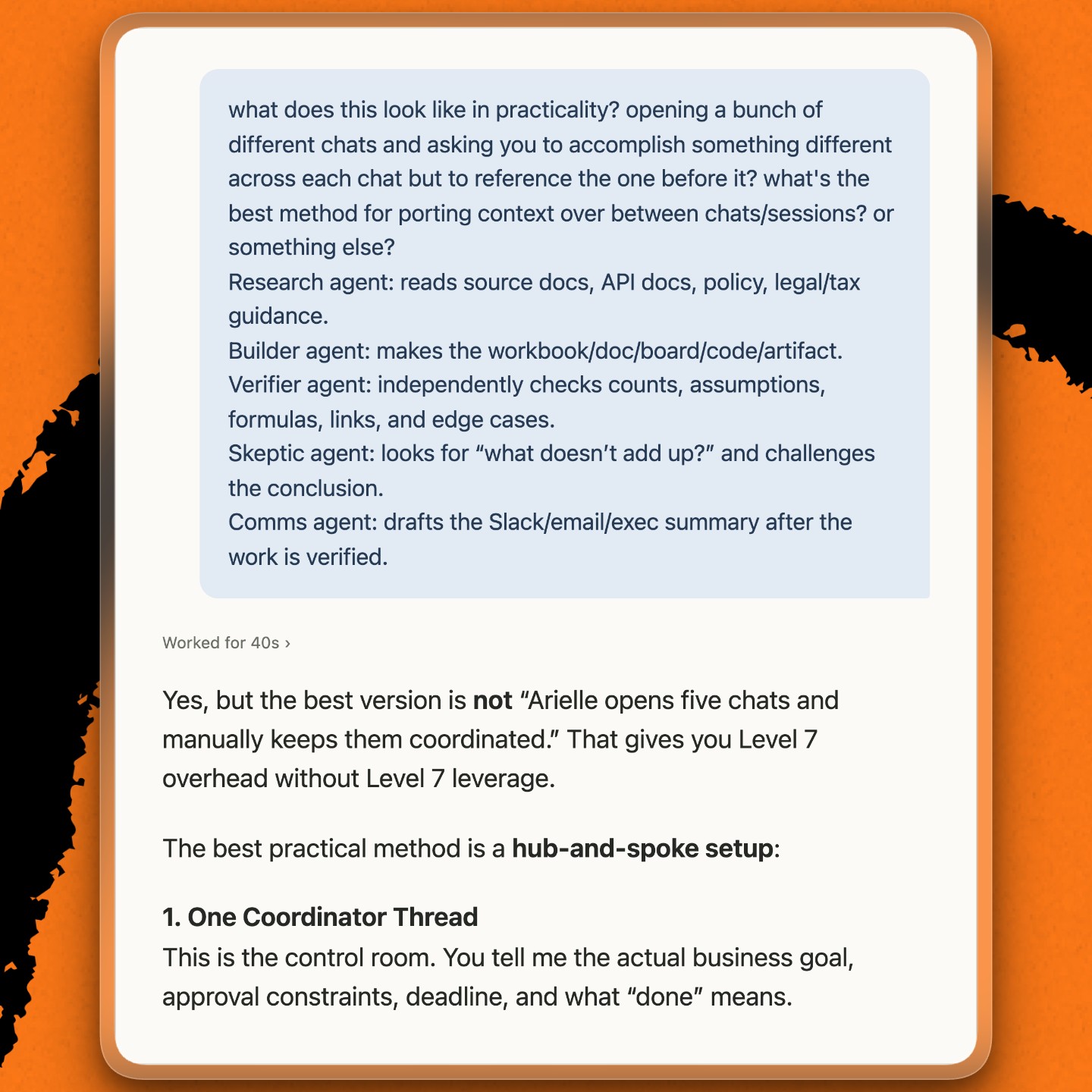 Codex explains how to coordinate specialist agents through one lead thread. (Recreated from a Codex conversation.)