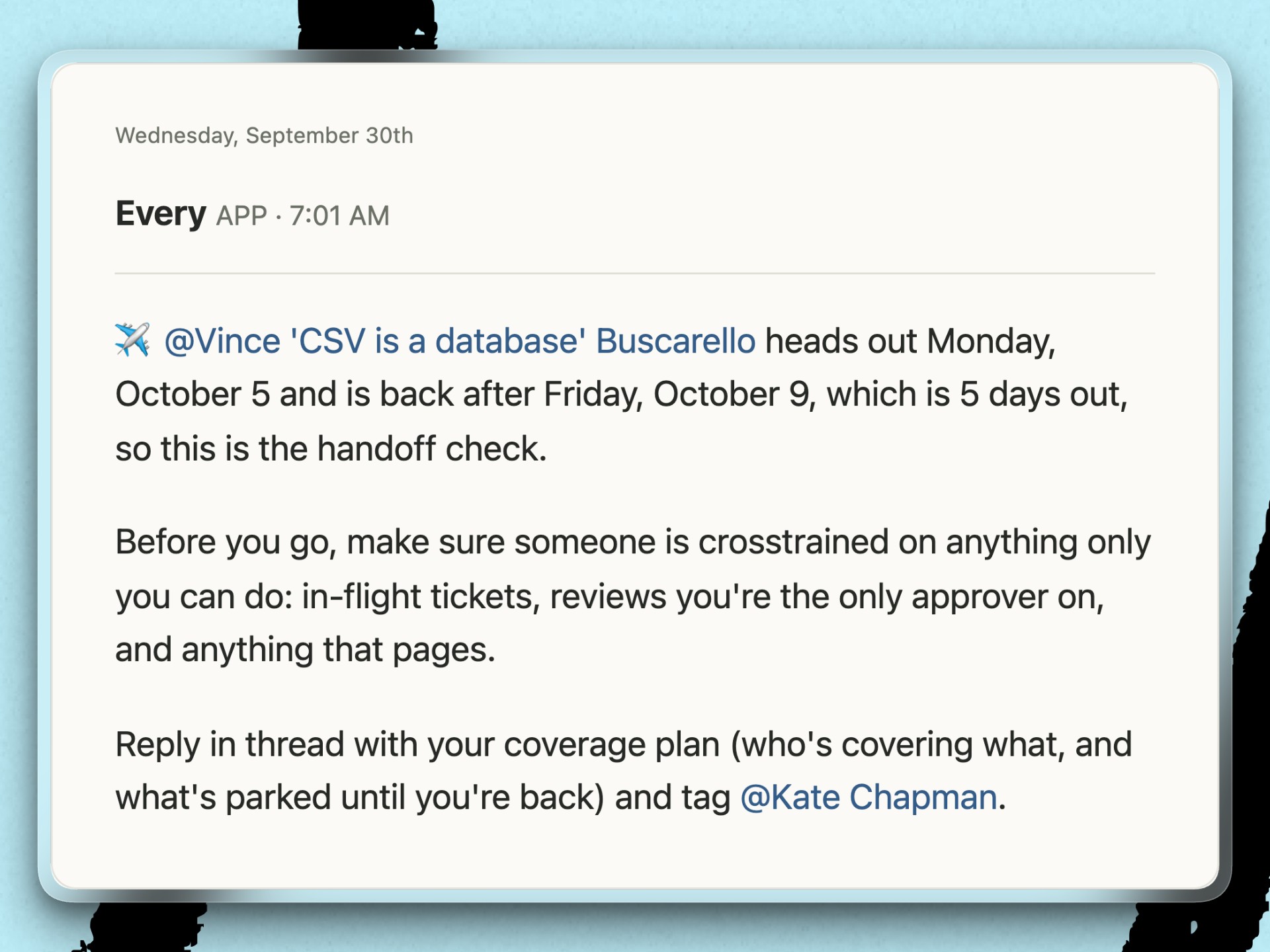 Chapman doesn’t have to worry about coverage reminders because the Every Agent is on it. (Adapted from a screenshot courtesy of Kate Chapman.)