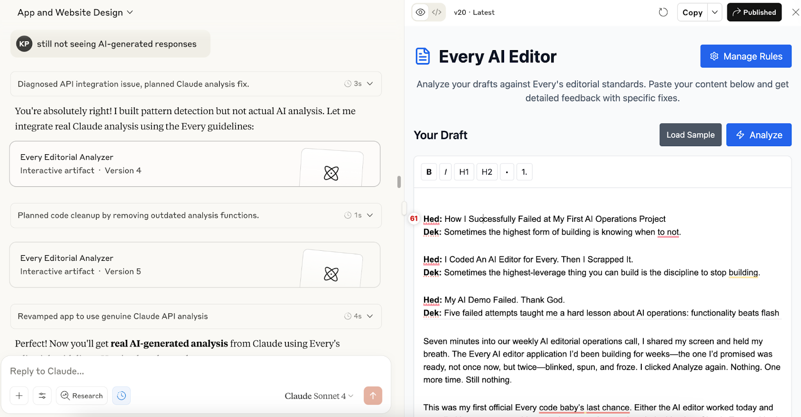 The Claude Artifact version of the editor in development mode. The chat is on the left, the tool the prompting produced on the right.