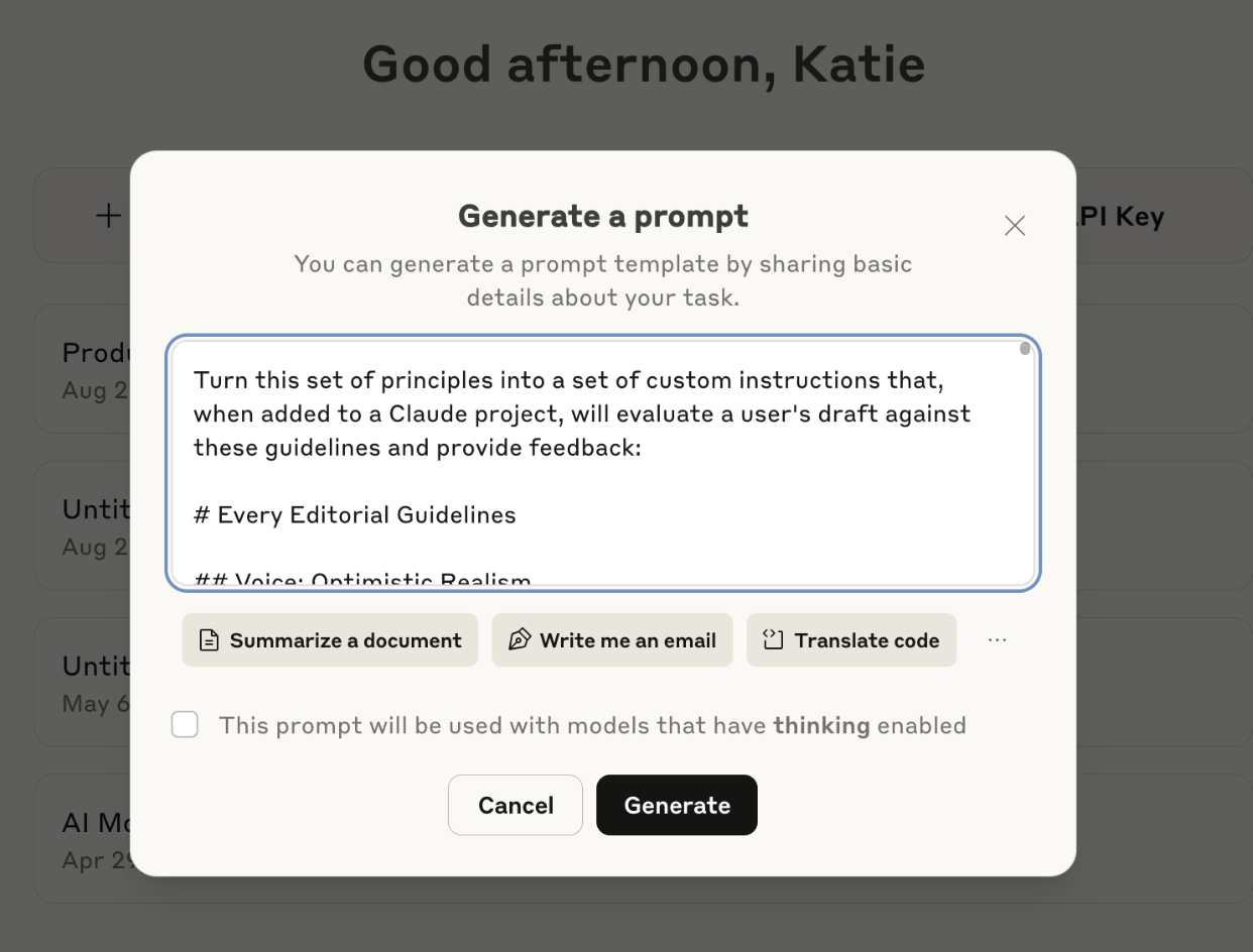 I dropped the principles I’d developed with ChatGPT into the Anthropic prompt generator, added a line at the beginning about what output I wanted, and got a set of custom instructions that I could input to the Claude project to tell it how to behave. (All screenshots courtesy of the author.)
