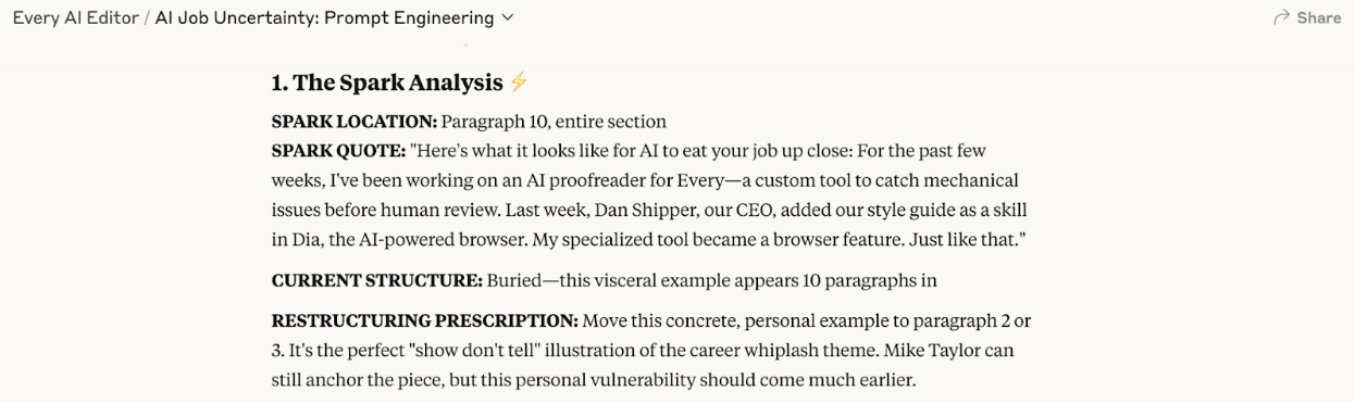 The AI editor spots an interesting “spark” buried in paragraph 10 that it thinks I should move to paragraph three.