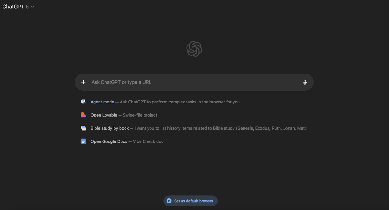 What you see when you pull up a fresh tab on Atlas. (All screenshots courtesy of Katie Parrott.)