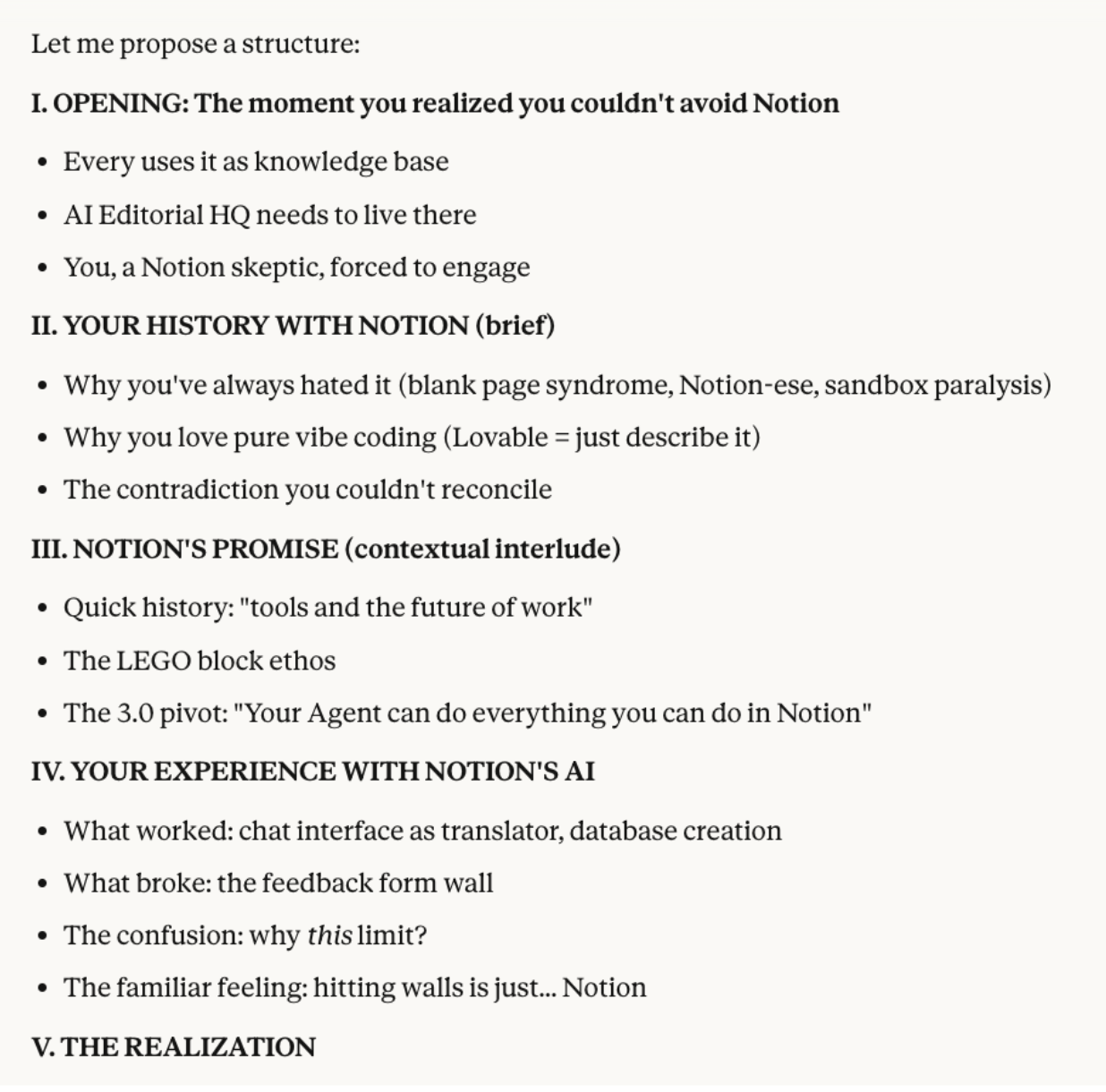 Sonnet 4.5 delivers an outline that’s linear and logical and aligns with what we discussed during the interview phase.