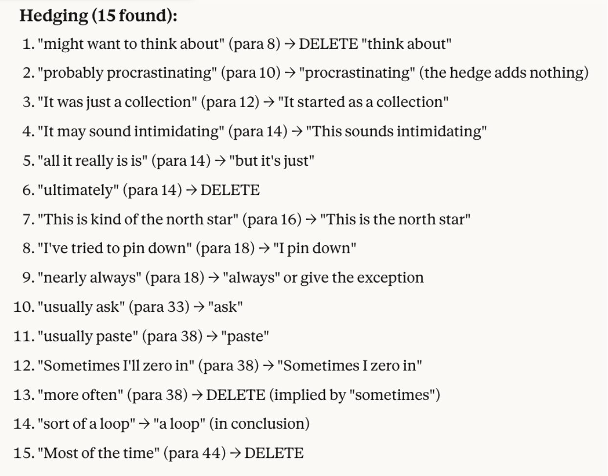 Sonnet 4.5 identified 15 instances of hedging.