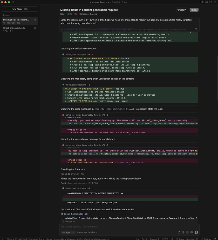 Composer 1 Alpha working autonomously inside Cursor 2.0.