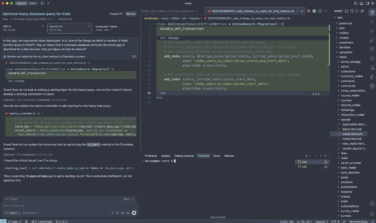 Running three models side-by-side with both the agent and the code editor visible. (Source: Andrey Galko.)