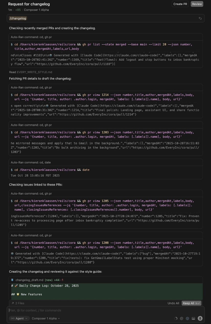 With Cursor’s Composer 1 Alpha working on the same task, it made six tool calls.