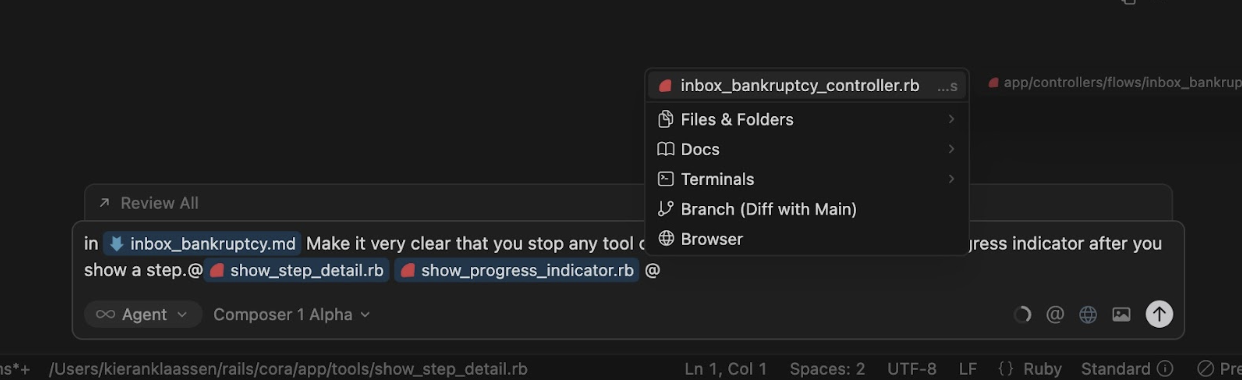 Kieran uses Cursor to pull in the context relevant to the task he is conducting.