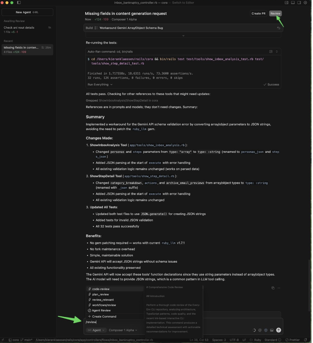 Cursor 2.0 in agent mode, with arrows to indicate the redundancy of having a “review” function in two places. (All screenshots courtesy of Kieran Klaassen unless indicated otherwise.)