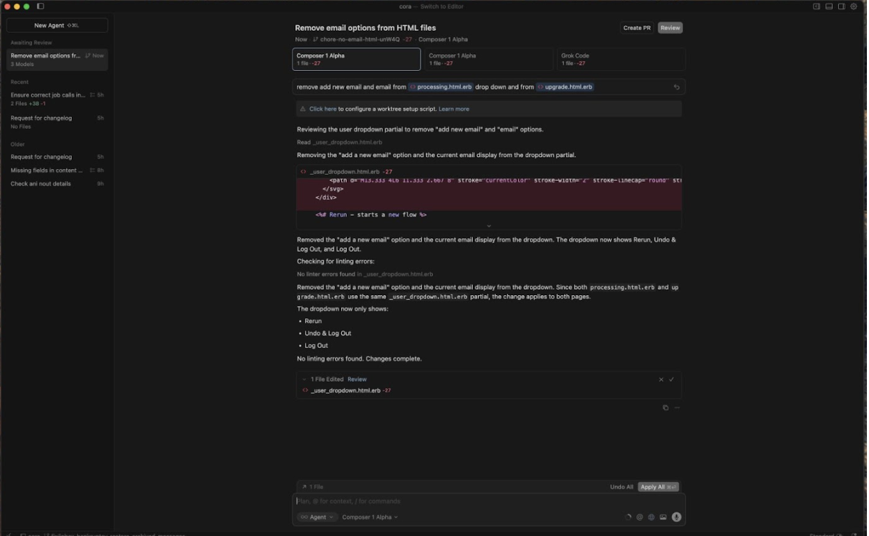 Running three models side-by-side in Cursor’s agent view.