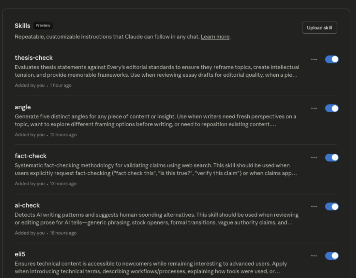 My growing collection of custom skills, all waiting to be invoked. (Source: Katie Parrott.)