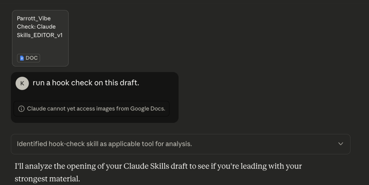 I prompted Claude to run a “hook check,” a skill loaded with Every’s best practices for article openings. (Source: Katie Parrott.)