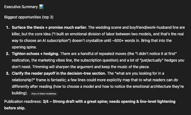 The GPT-5.1 version of our editor pushes for a clear thesis and promise to the reader sooner in the introduction. (Screenshot courtesy of Katie.)