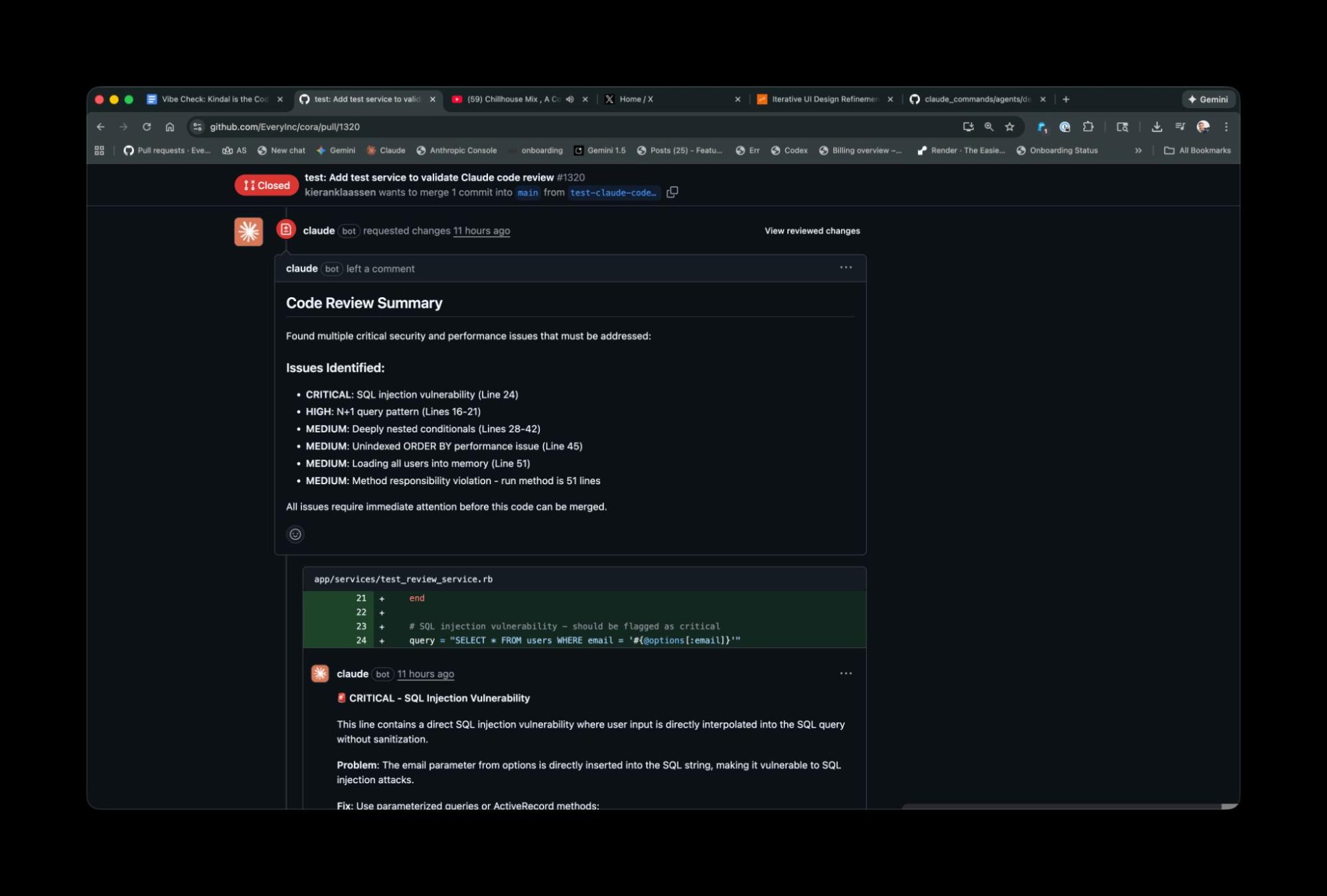 Opus 4.5 reviews new code like a diligent teammate—flagging security risks and performance issues before changes go live in the product. (Screenshot courtesy of Kieran.)