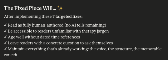 Opus 4.5 thinks the draft is good to go with only seven fixes. We disagree. (Screenshot courtesy of Katie.)