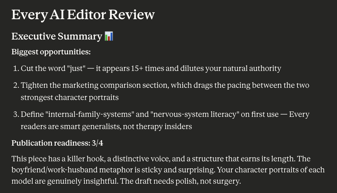 Opus 4.5 gives Katie’s draft a pass with just a few cosmetic suggestions. (Screenshot courtesy of Katie.)