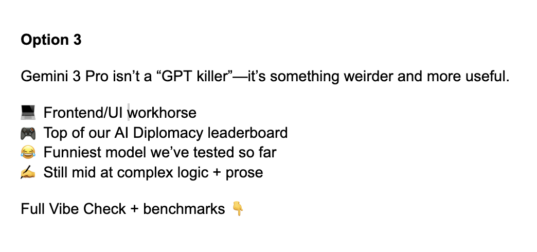 GPT-5.1 Thinking’s take on the request for X copy is heavy on emojis. (Screenshot courtesy of Katie.)
