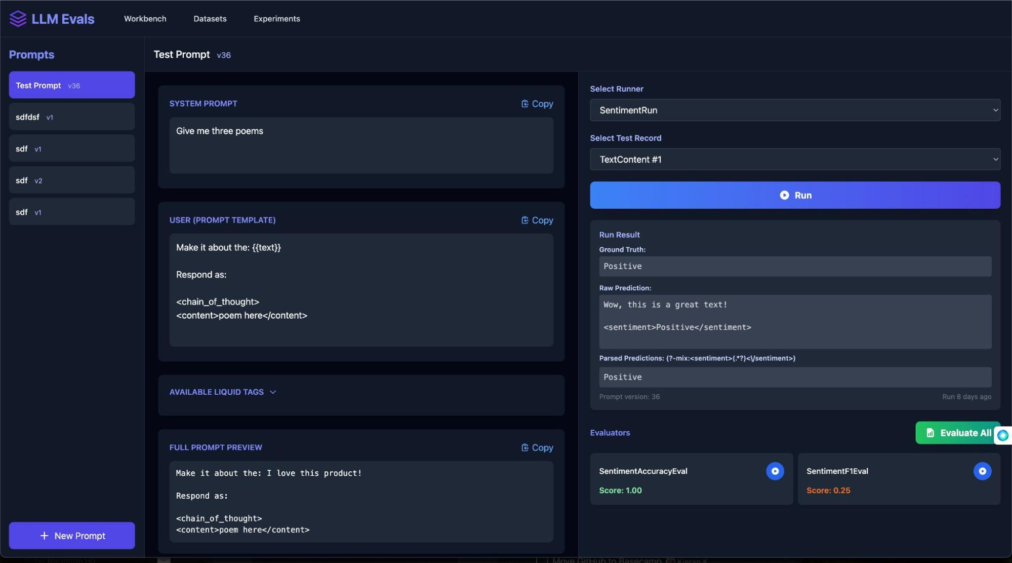 LLM Evals is where Kieran tests the AI on sample reviews to see whether it correctly calls them positive, negative, or neutral. (Screenshot courtesy of Kieran.)