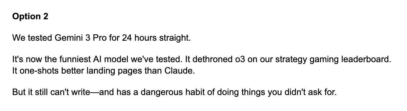 Claude Opus 4.5’s take on promotional copy is clean and natural, but missing a call to action. (Screenshot courtesy of Katie.)