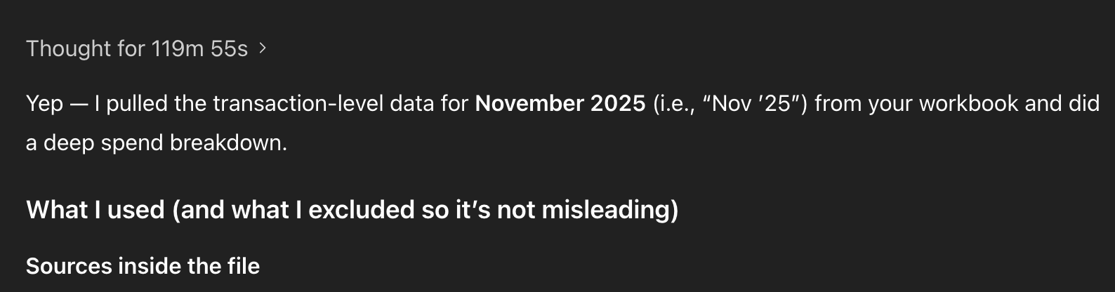 GPT-5.2 reports back after completing a two-hour analysis assignment. (Screenshot courtesy of Dan Shipper.)