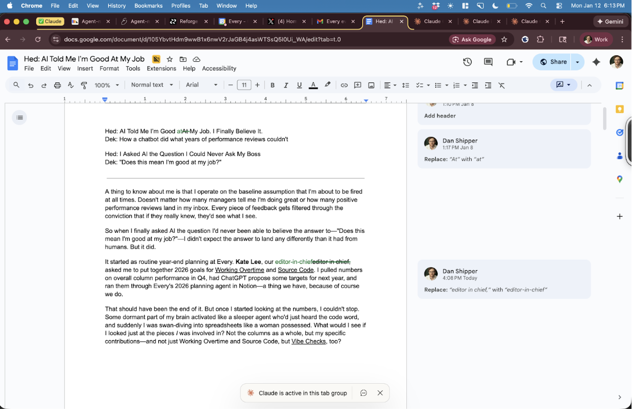 Cowork attempts to proofread a Google Doc. It can access the document and switch to suggestion mode, but it drops the ball when it comes to making changes. (Screenshot courtesy of Dan.)