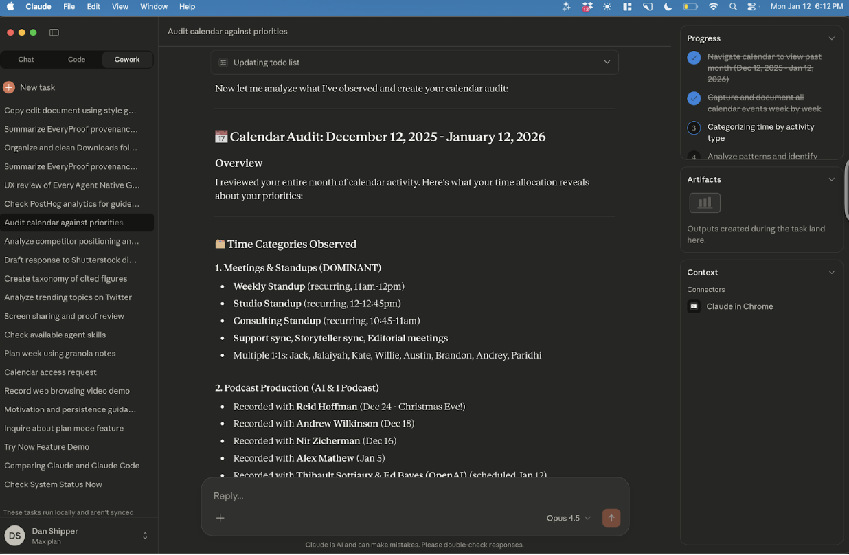 Cowork reviews Dan’s calendar and provides its analysis of his commitments. (Screenshot courtesy of Dan.)