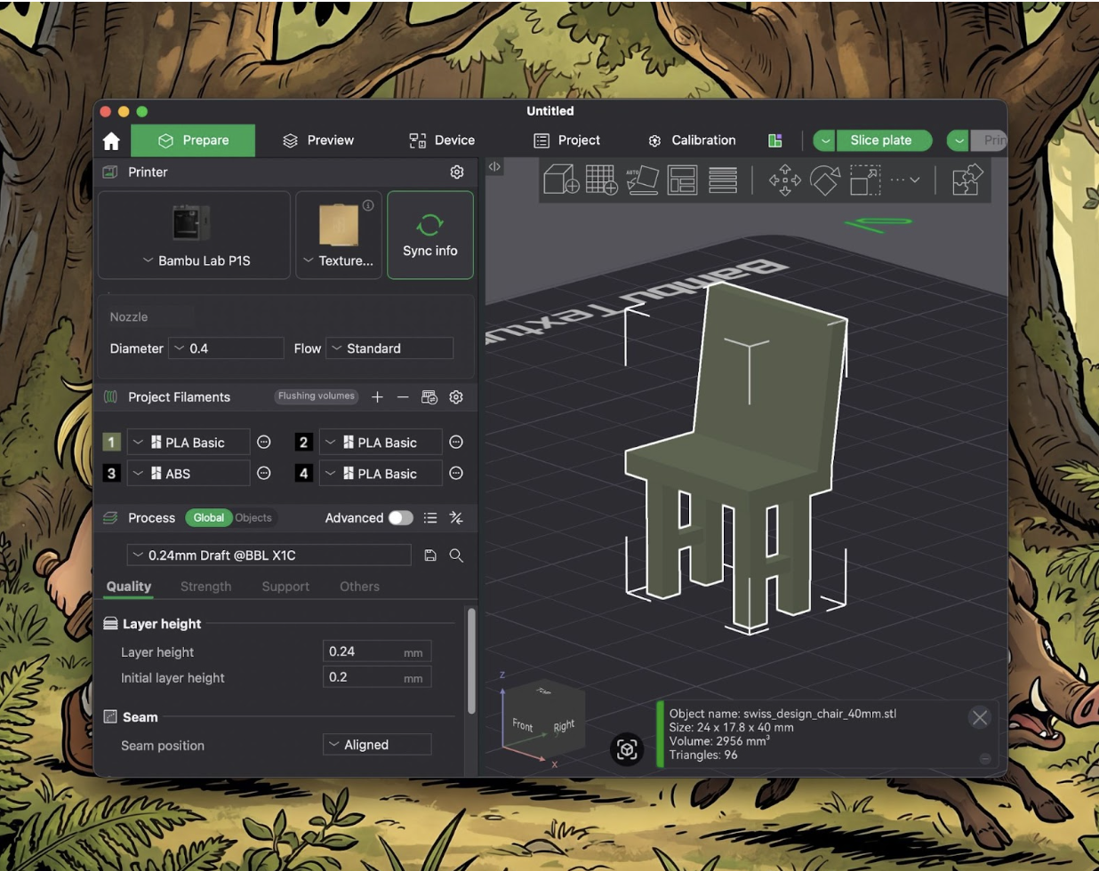 The chair Cowork designed by combining Kieran's Swiss design aesthetics skill with his 3D printing skill. (Screenshot courtesy of Kieran.)