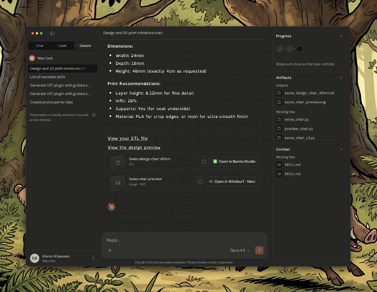 Kieran asked Cowork to design a chair following Swiss design principles and output a file for 3D printing—a task that pulled in two separate Skills at once. (Screenshot courtesy of Kieran Klaassen.)