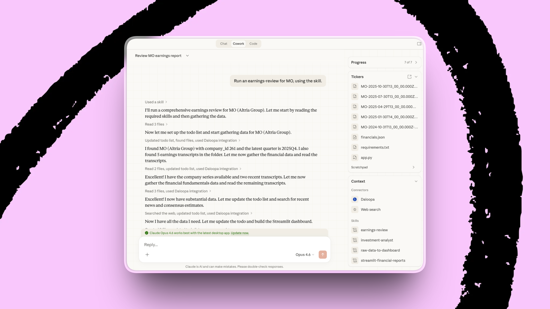 An earnings review system on Claude can save investment teams hours for each company. (Screenshot courtesy of Brooker Belcourt.)