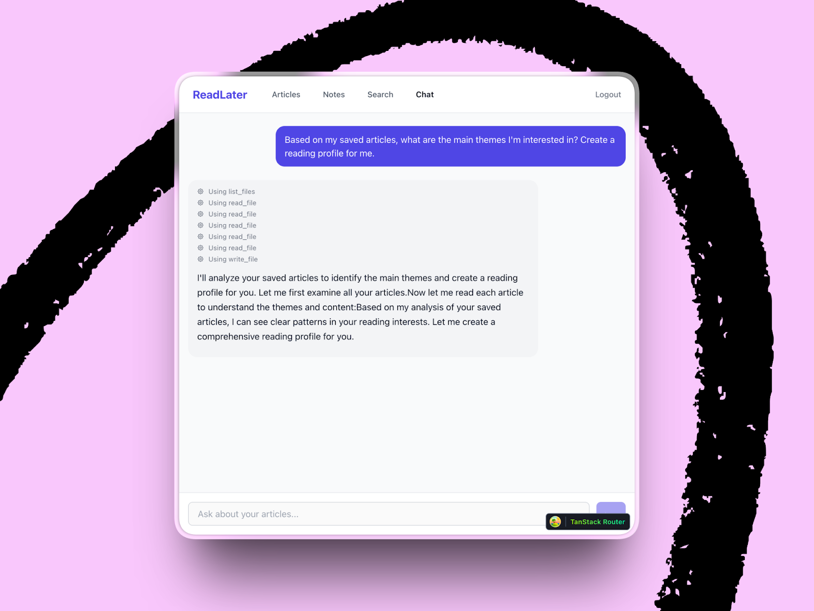 Naveen's ReadLater app combines three abilities—read, write, and list—to perform analysis on Naveen's saved articles. (Image courtesy of Naveen Naidu.)