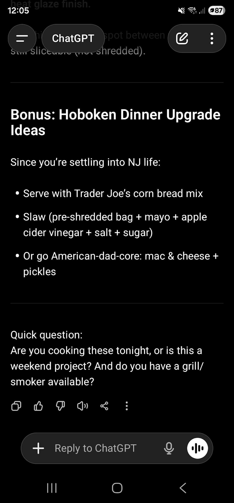 ChatGPT gave me suspicious barbeque advice tailored to my new home. (Screenshot courtesy of Mike.)