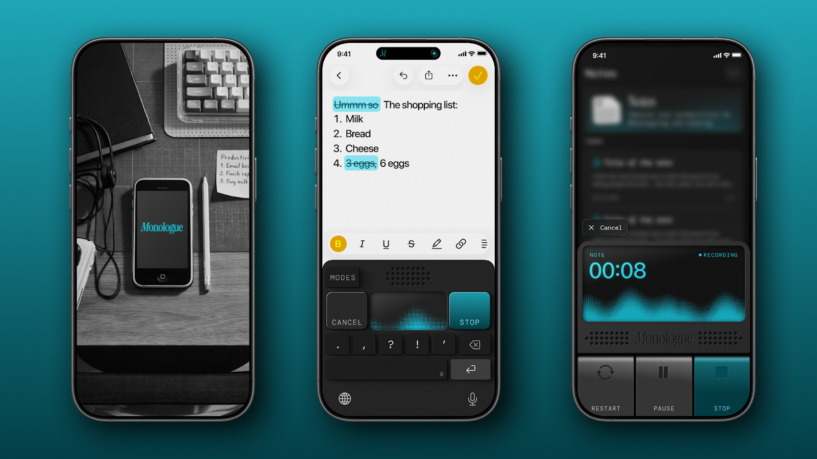 The three screens we spent the most time on (left to right): the onboarding flow, keyboard, and recorder for long-form notes. (Source: Daniel Rodrigues.)