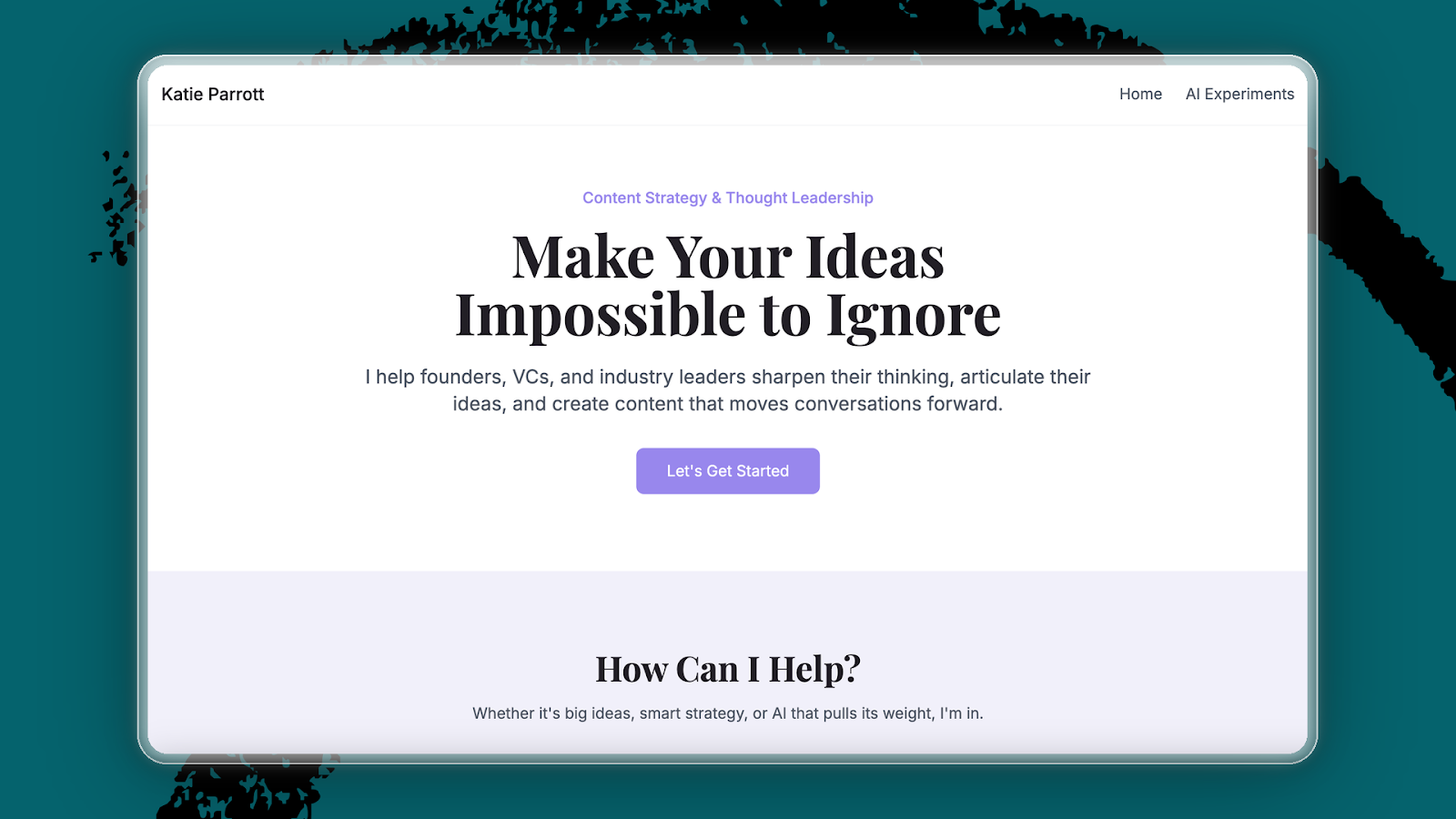 Katie used Lovable to redo her personal website in early 2025. (Screenshots courtesy of Katie Parrott.)