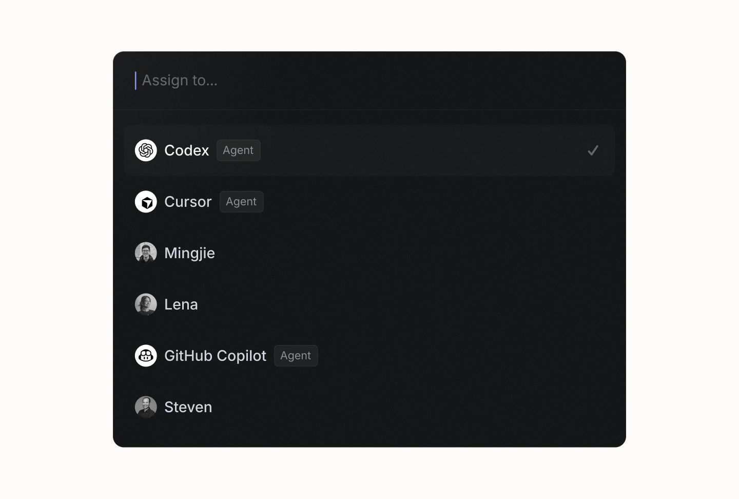 A dropdown menu assigns tasks to human and agent users, with clear 