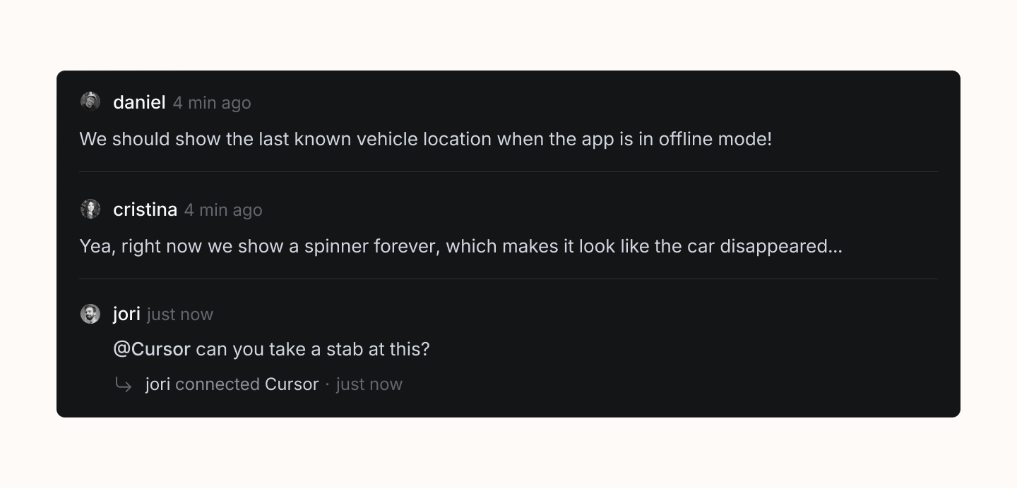 Linear's activity feed for issues shows agent actions alongside human actions.