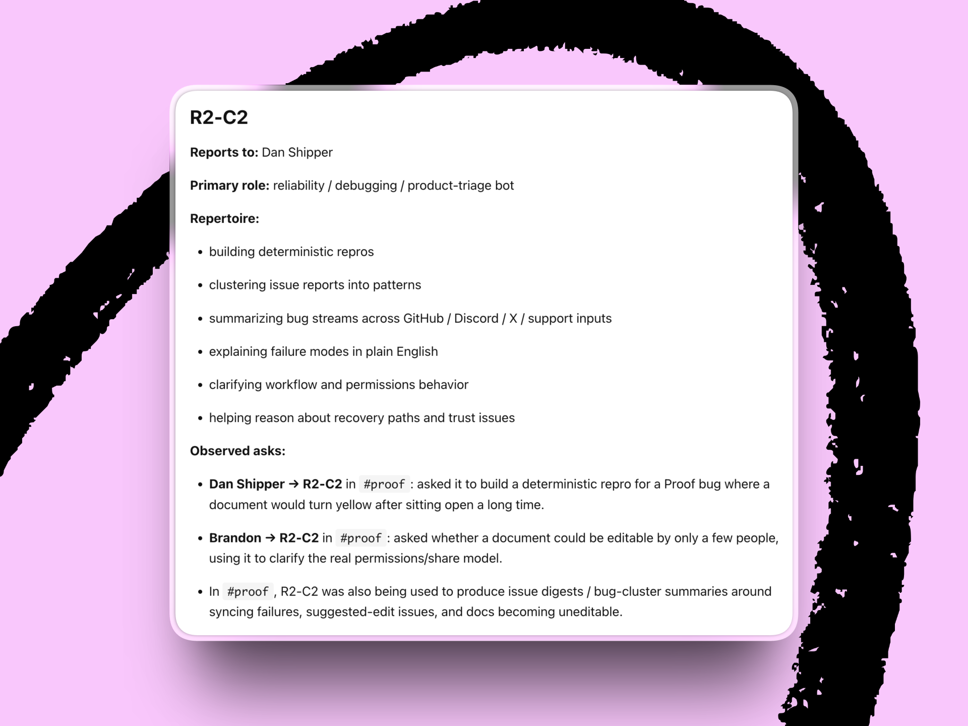 Dan Shipper’s R2-C2’s job and capabilities. (Screenshot courtesy of Proof/Jack Cheng.)