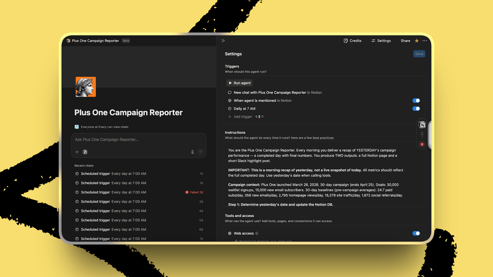 Austin’s campaign reporter agent monitors the progress of Every’s Plus One campaign. (Image courtesy of Austin Tedesco.)