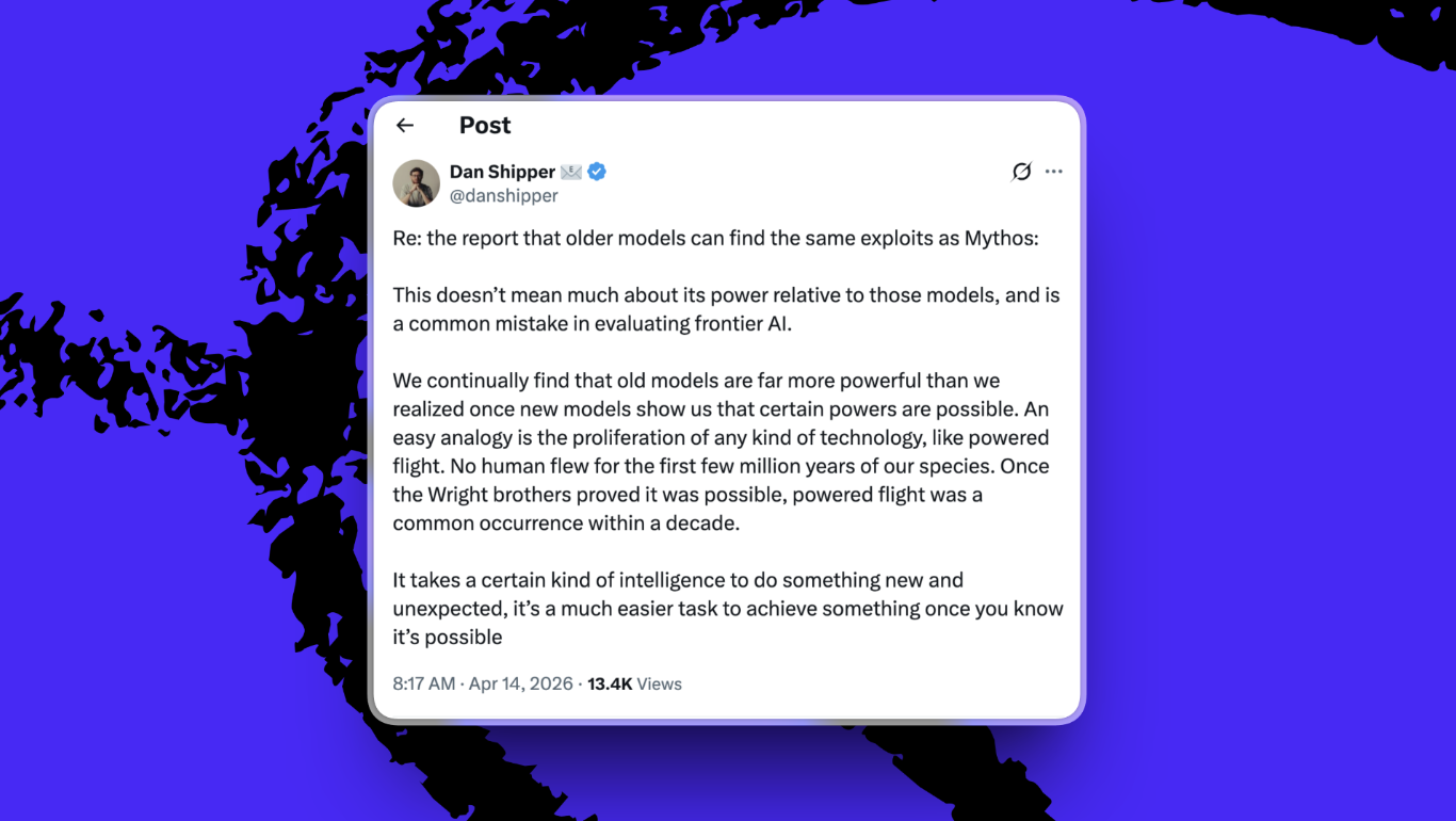 Older models finding the same security bugs as Mythos is not an apples-to-apples comparison. (Image courtesy of X/Dan Shipper.)